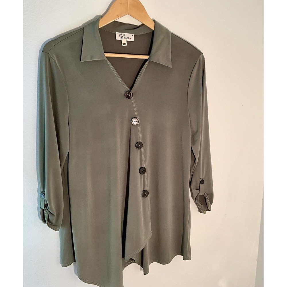 Le‎ Rouge Olive Green Button Down Tunic Top Roll Tab Sleeve Medium